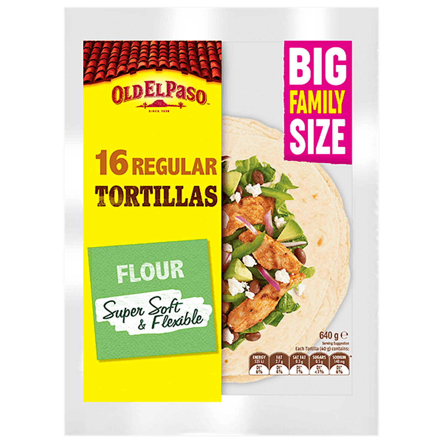 a family size pack of Old El Paso's 16 regular flour tortillas (640g)